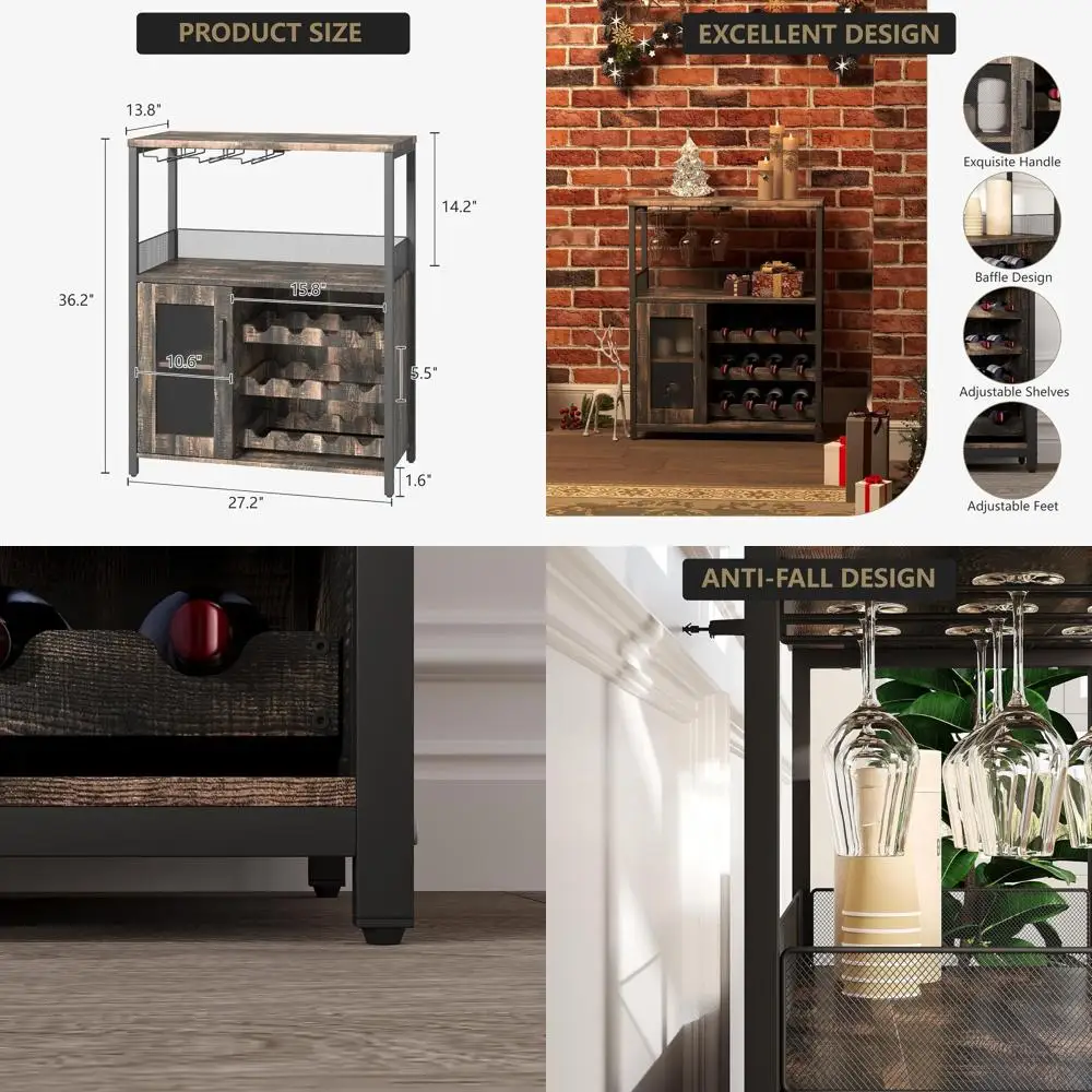 

Винный шкаф в индустриальном стиле с полками, держателем для бокалов и регулируемыми полками для хранения на кухне, в цвете поджаренной древесины