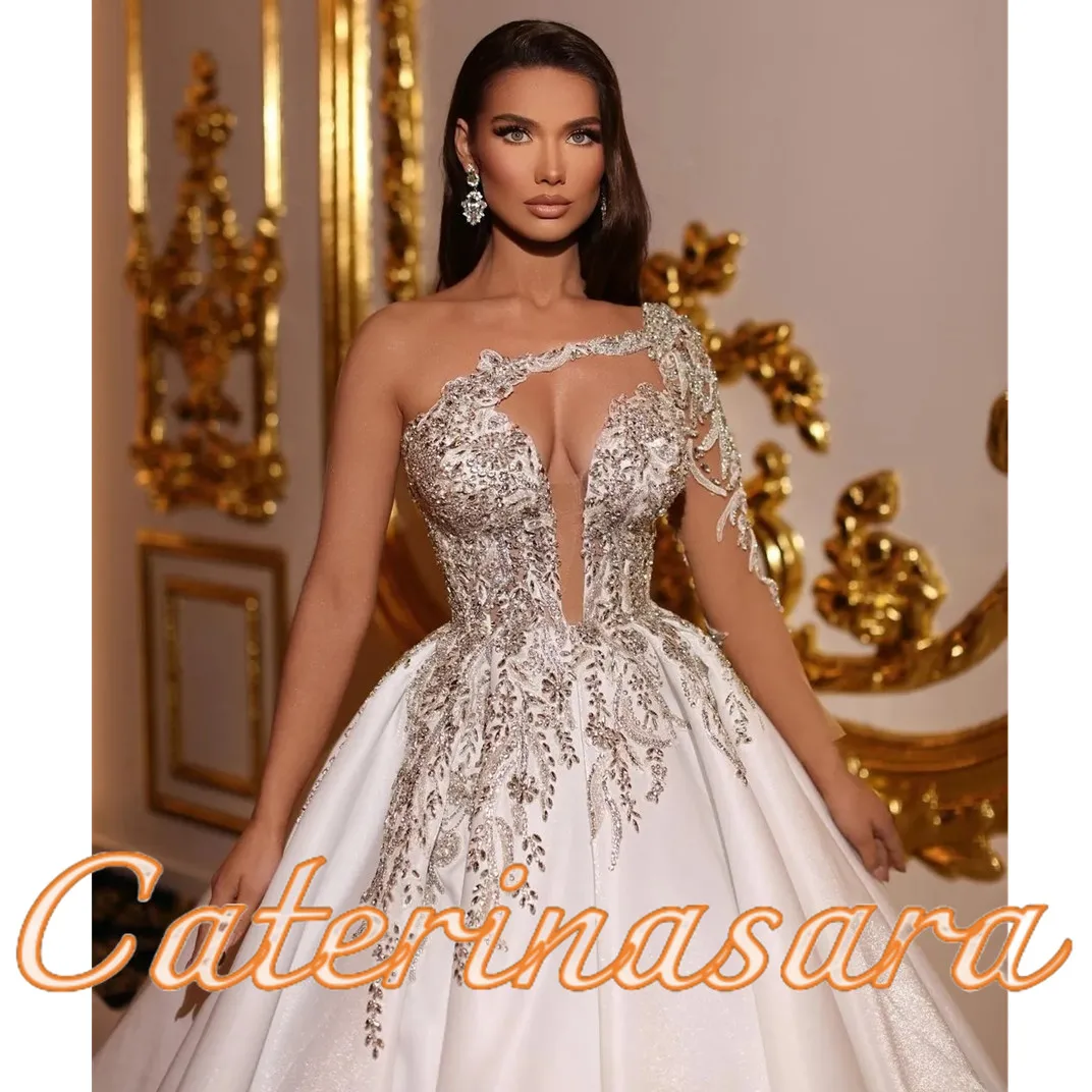 Exquisite Applikation Brautkleider eine Linie tiefen V-Ausschnitt Ballkleider geraffte Tüll Illusion Langarm formale Strand party Vestidos