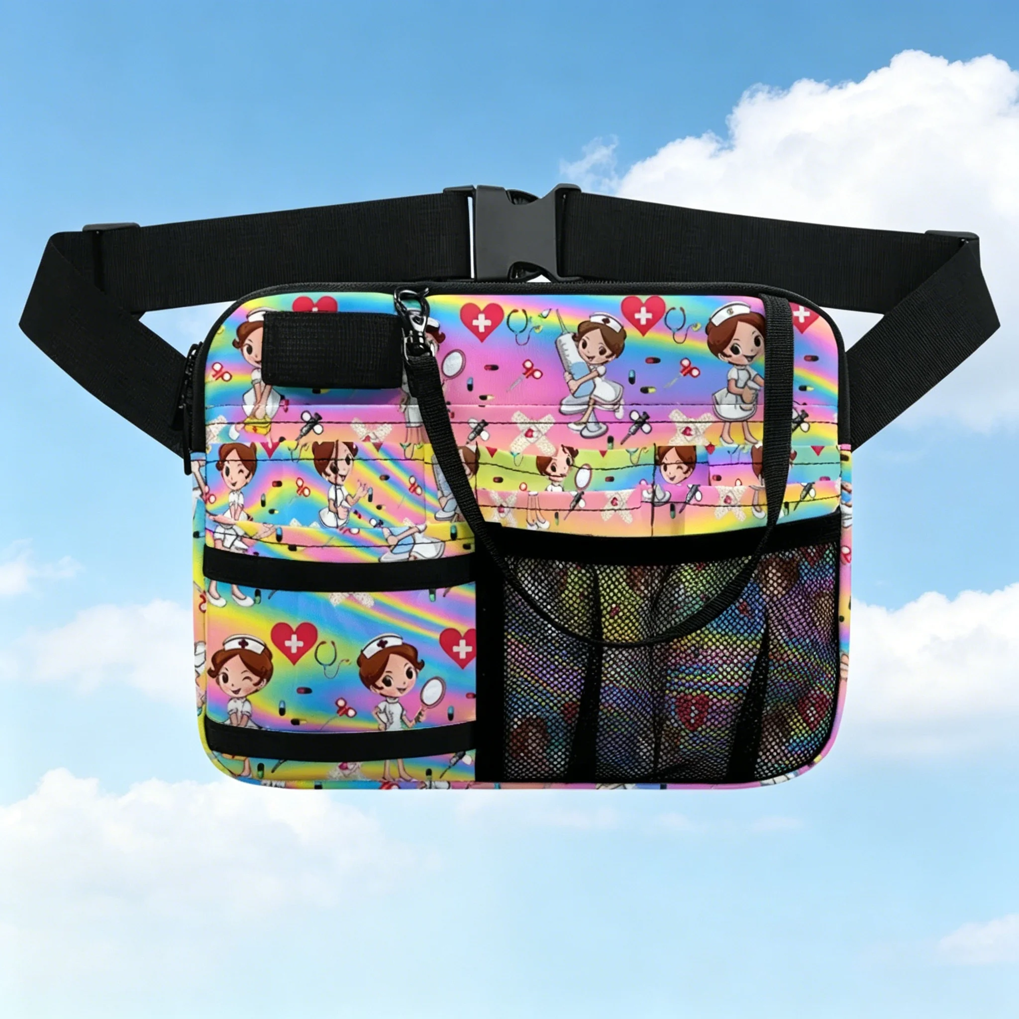 rainbow-nurse-print-waist-bag-medical-utility-pouch-with-multi-pockets-stethoscope-holder-adjustable-strap-nursing-gift