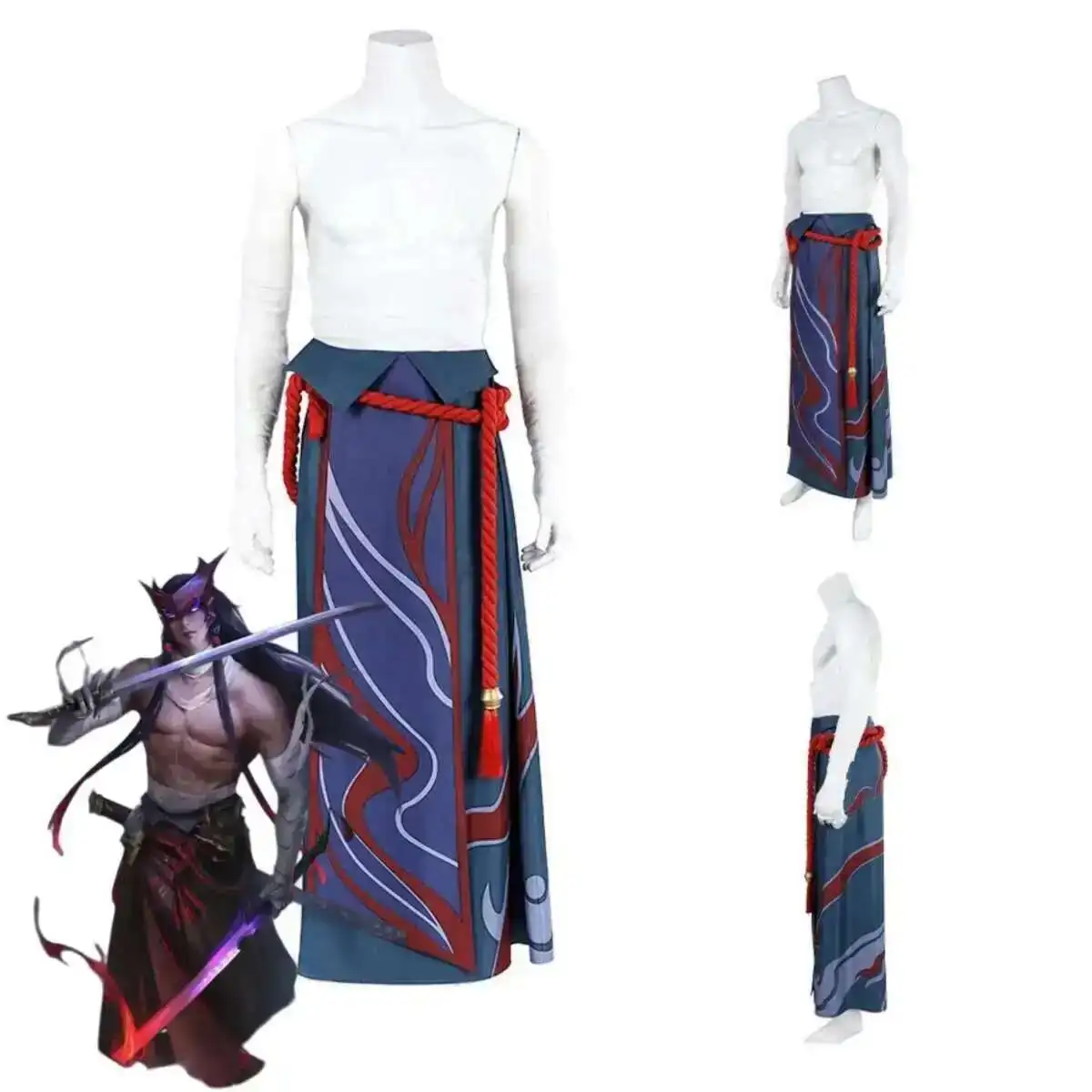 Game LOL Unforgotten Yone Cosplay Costume Wig Skirt Strap Straps Uniform Full Set Adult Man Woman Carnival Halloween Suit