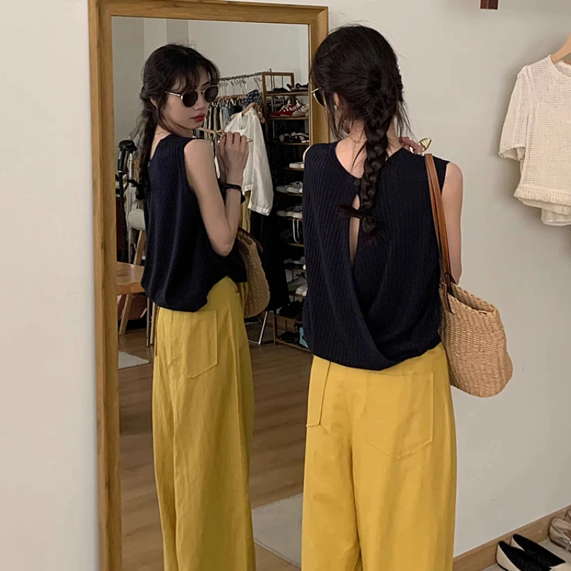 Backless Tanks Design Button Summer Knitting Hole Fashion Cropped Harajuku Japanese Style Office Lady Comfortable Cozy New Soft