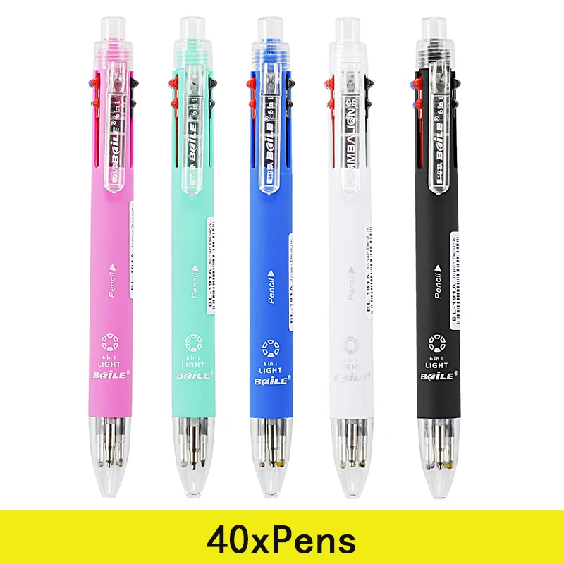 

40Pcs 6 in 1 Multicolor Ballpoint Pen Include 5 Colors Ball Pen 1 Automatic Pencil Top Eraser for Marking Writing Office School