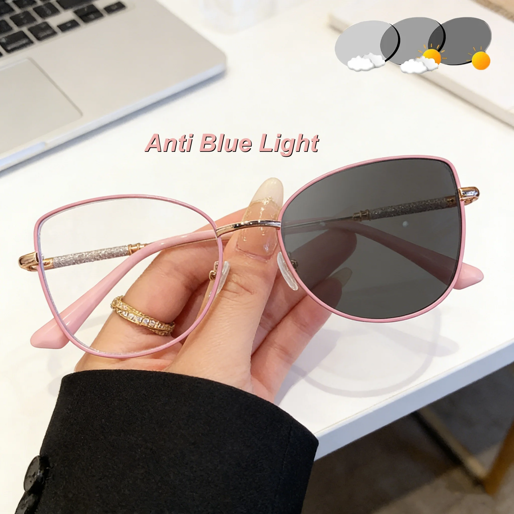 

2026 New Fashionable Cat Eye Photochromic Women's Flat Light Glasses Outdoor Neutral High Quality Luxury Anti Blue Light Glasses