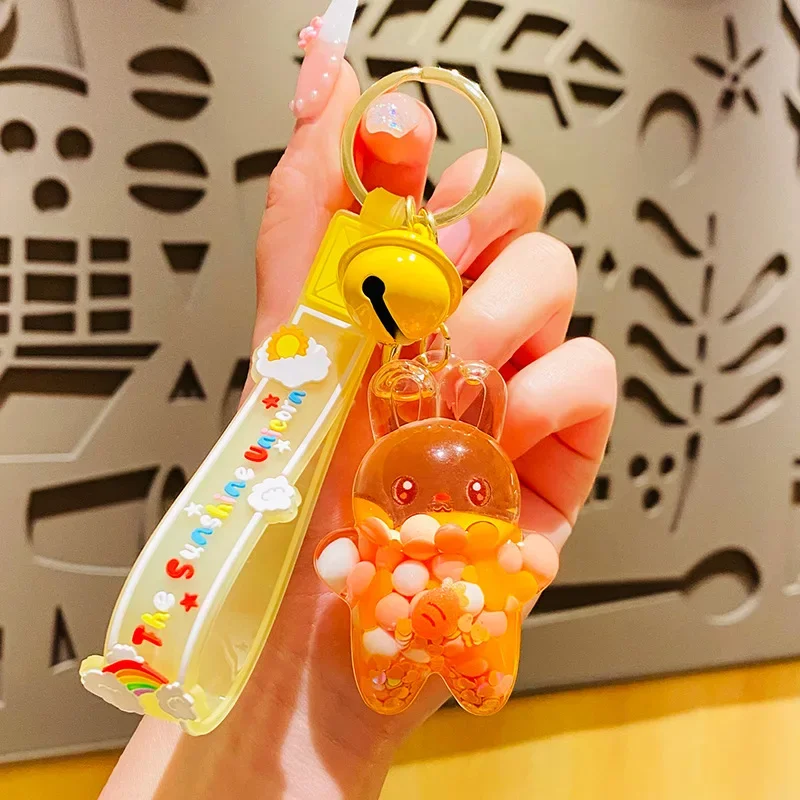 Baby Bottle Style Keychain para senhoras, Glitter Quicksand, líquido flutuante coelho boneca chaveiro, pingente chave mochila, presente, criativo