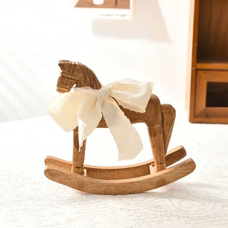 Ribbon Rocking Horse Ornament Modern Minimalist Wooden Children's Toy Horse Creative Doll Home Living Room Desktop Decoration
