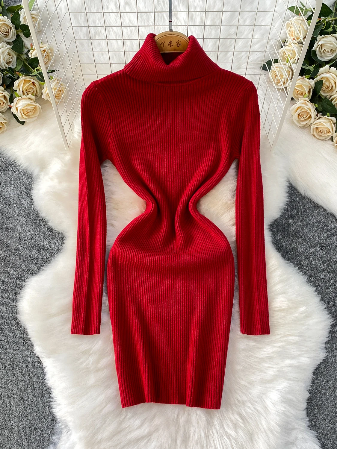 Ele High Ne Long Sve Gestrickte Dr Schlankheits-Basisschicht Herbst Winter Wickelrock Bequeme dehnbare figurbetonte...