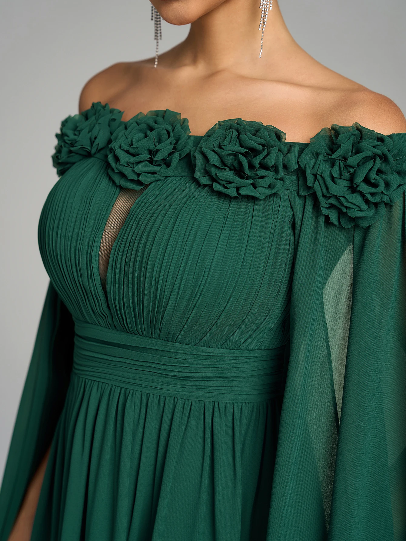 فستان UNITHORSE بكتف واحد وأكمام واسعة كبيرة الحجم وزينة على شكل زهرة وخصر مطوي فستان شيفون للتخسيس