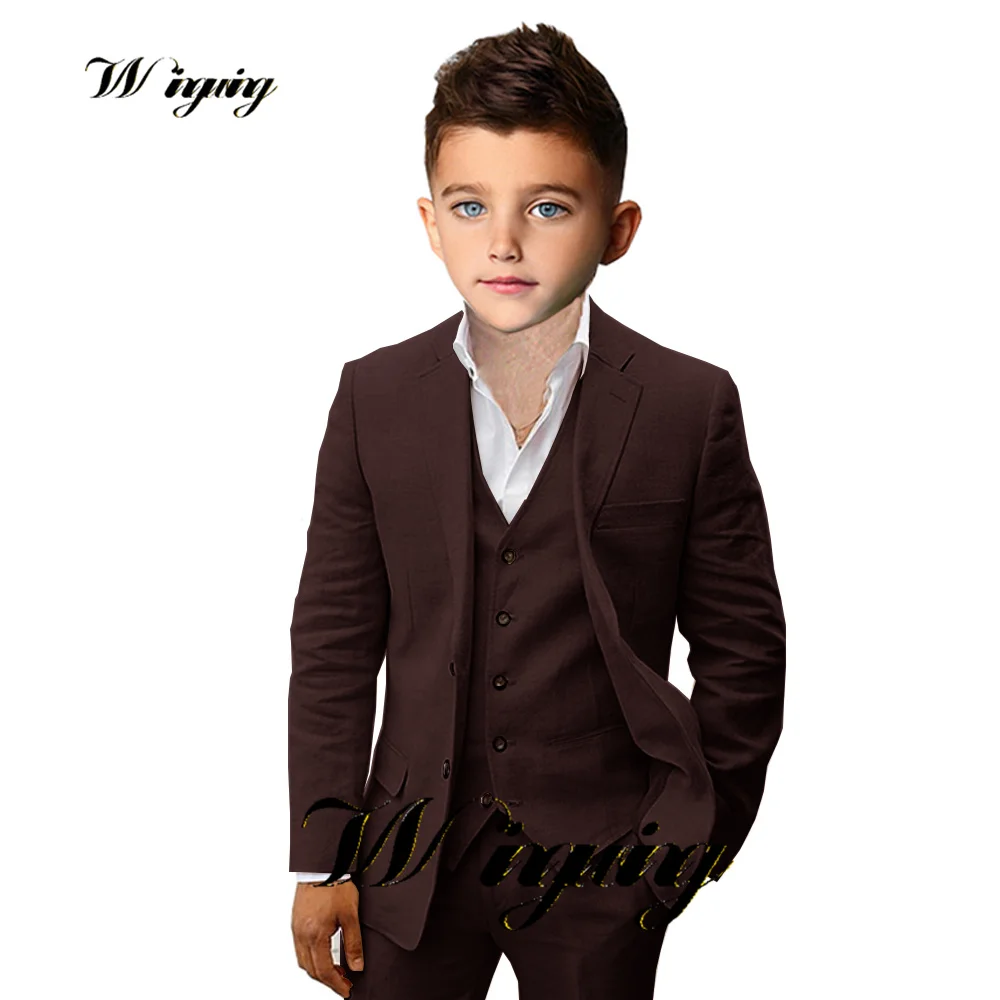 Beige Boys Suit Jacket Pant Vest Linen Suit Kids Wedding Tuxedo Formal Teen Blazer 3 Piece Tailored Clothes