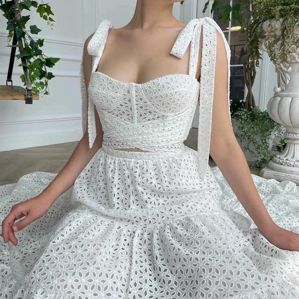 Two Pieces Cutout A Line Bridal Gown with Pockets Maxi Self-Tie Bow Customized Tiered Lace Bustier Chest Wedding Separate Dress