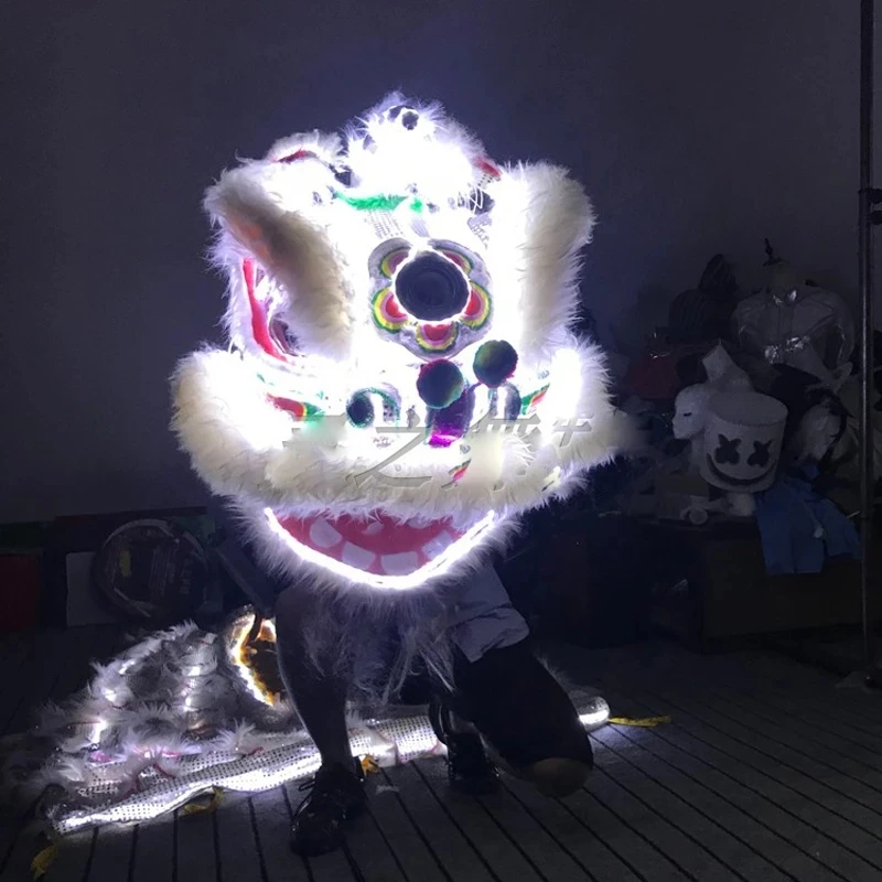 Costume de danse Lion en laine à lumière blanche, tissu de spectacle de scène pour boîte de nuit, Lion du sud, cosplay halloween Dragon Dance Bar