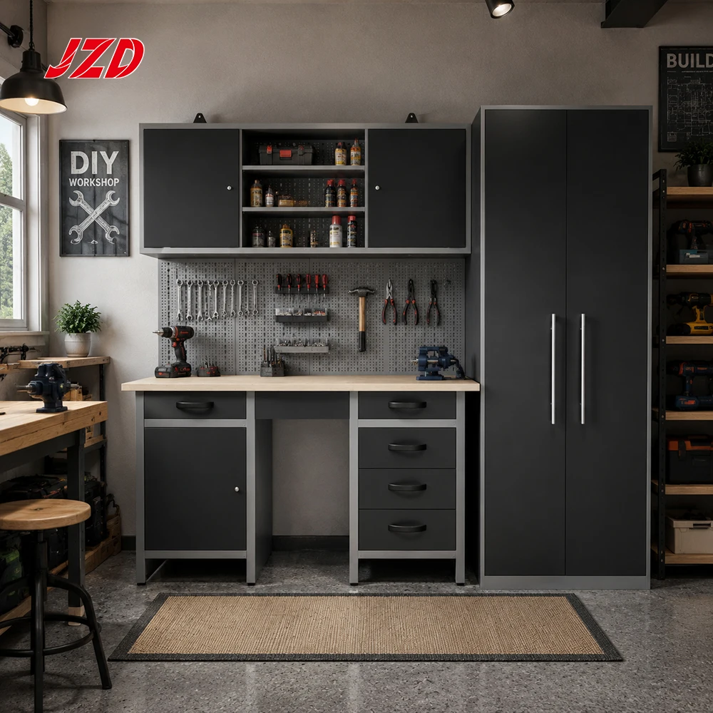 JZD Rugged Duty Modular Garage Cabinet System Heavy Duty Steel Workshop Storage Workbench With Wall Mount Storage Box