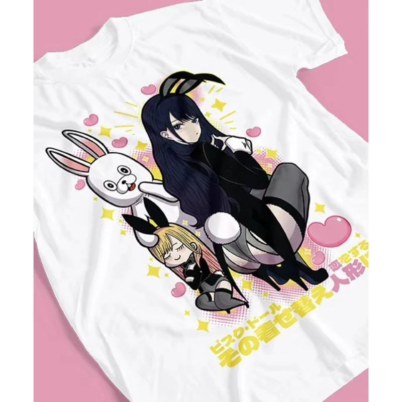 My Dress Up Darling T-shirt, Kitagawa Marin Bunny Girl Pink Heart Full Character Print Black Oversized Casual Tee for Men Women