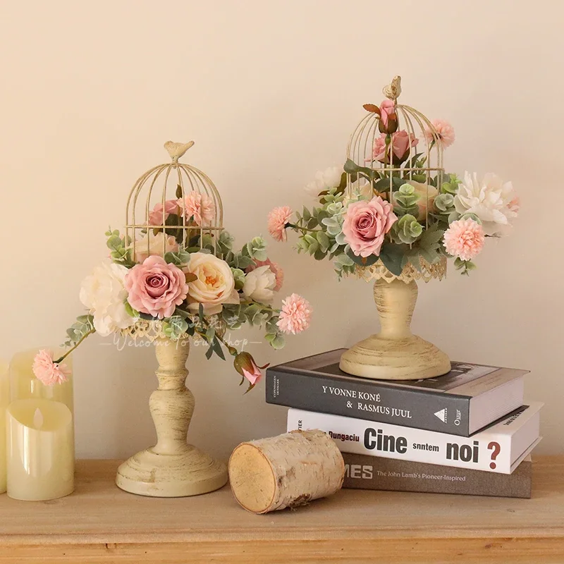 Birdcage ornament set Iron material simulation flower small fresh Nordic style desktop Home desktop decoration window study 1Pc