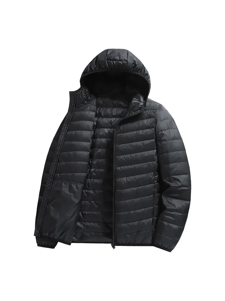 เสื้อโค้ทกันหนาวน้ำหนักเบาสำหรับผู้ชาย เสื้อโค้ทขนนกมีฮู้ด เสื้อแจ็คเก็ตขนเป็ดผู้ชาย เสื้อแจ็คเก็ตขนเป็ดน้ำหนักเบาพิเศษรุ่นใหม่