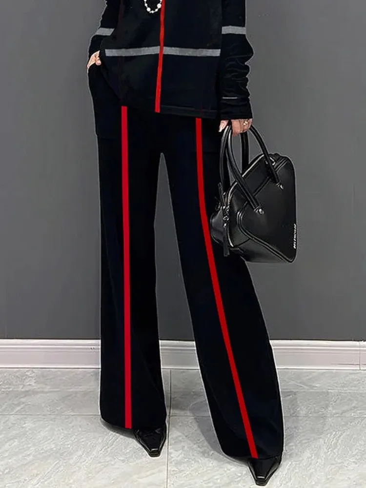 Freeacy Women\'s Autumn Casual Bottoms High Waist Striped Wide Leg Trousers Floor Length Pants For Urban Female Streetwears