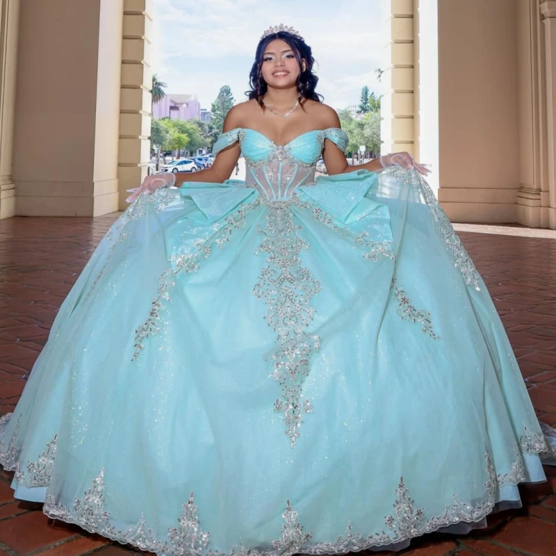 

Cyan Shiny Quinceanera Dresses Off The Shoulder Applique Lace Beading Crystal Bow Corset Party Birthday Sweet 16 Dress Vestidos