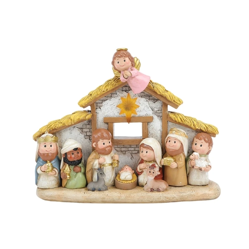 Children Nativity Scene Set Resin Figures Holy Display With LED Illuminates Light For Christmas Decorations Display DropShipping