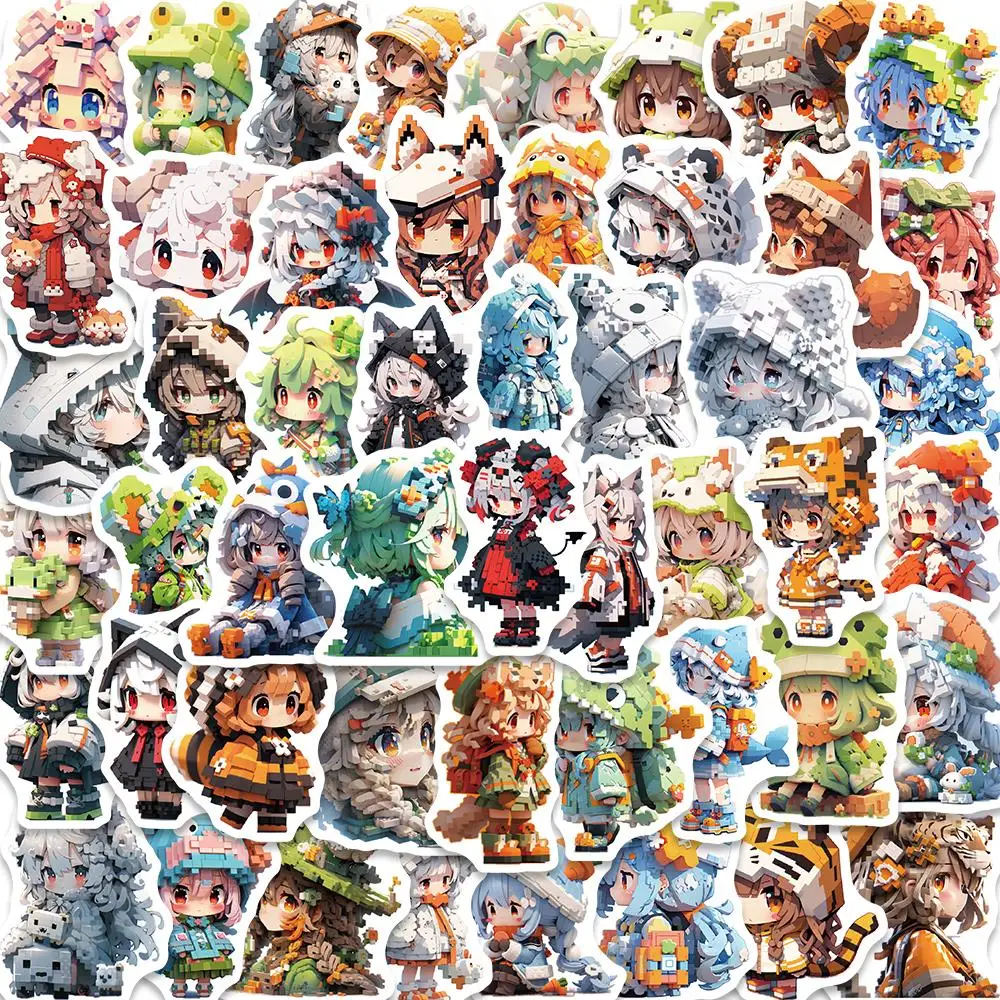 50PCS Kawaii Pixel Wind Q Edition Animal Girl Sticker DIY Retro Laptop Bicycle Kid Landscape Luggage Graffiti Skateboard Decals