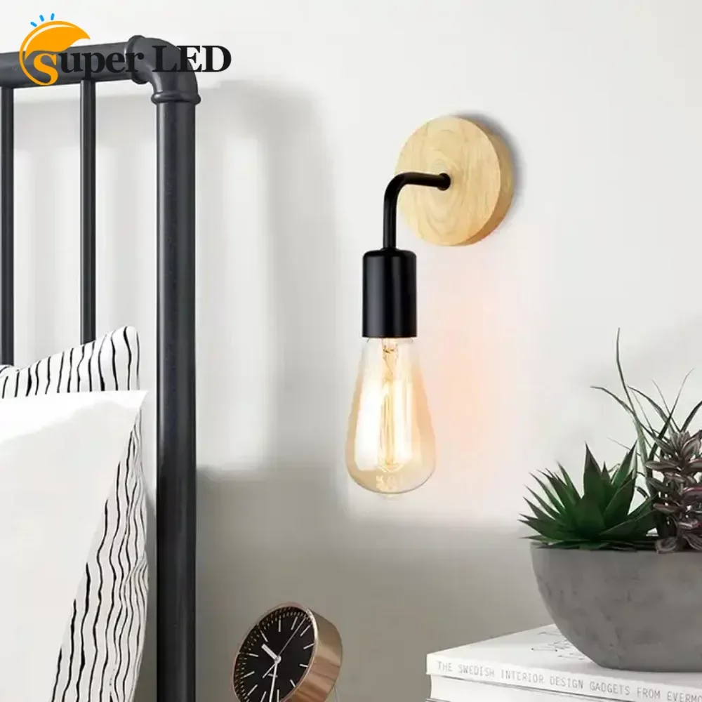 

Vintage Wood Metal Wall Lamp Minimalist Style Indoor Wall Light Bedside Wall Lamps