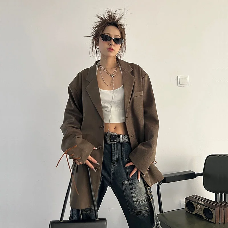 Spring Autumn Women Casual Coffee-color Suit Jacket Chic Cuff Lace-up Loose Notched Collar Long Sleeve Blazers Female Streetwear