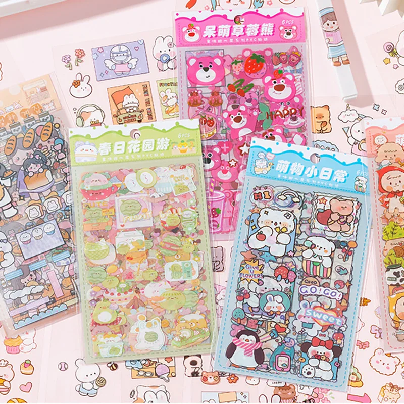 6sheets/lot Cartoon Animal Dessert PVC Sticker Set Pink Girl Decorative Stickers Pack Acrylic Decal Deco Diary Album DIY Toys