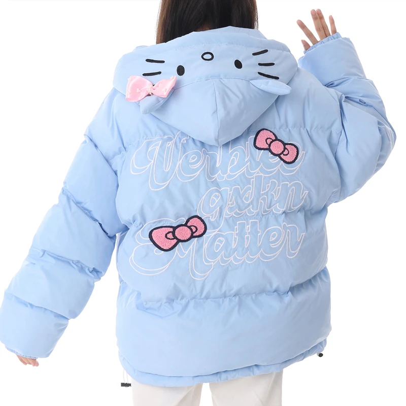 Chaqueta con capucha de dibujos animados para estudiantes adolescentes, Parkas con bordado de letras de gato lindo y dulce japonés, abrigo de algodón grueso, ropa cálida de invierno