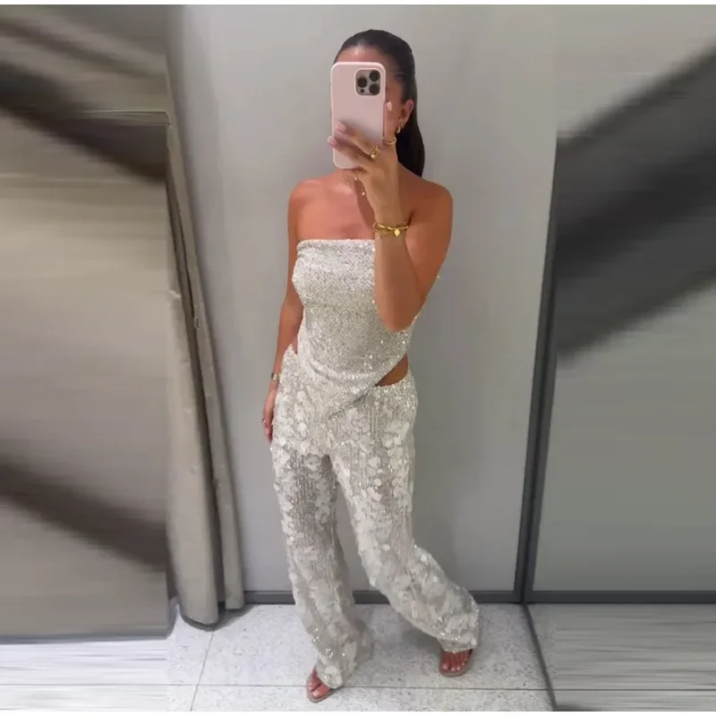 Pailletten-Zweiteiler für Damen, schulterfreies Tube-Top, mittelhohe Taille, gerade geschnittene Hose, sexy, modisches, passendes Outfit für Partys – Detail 3