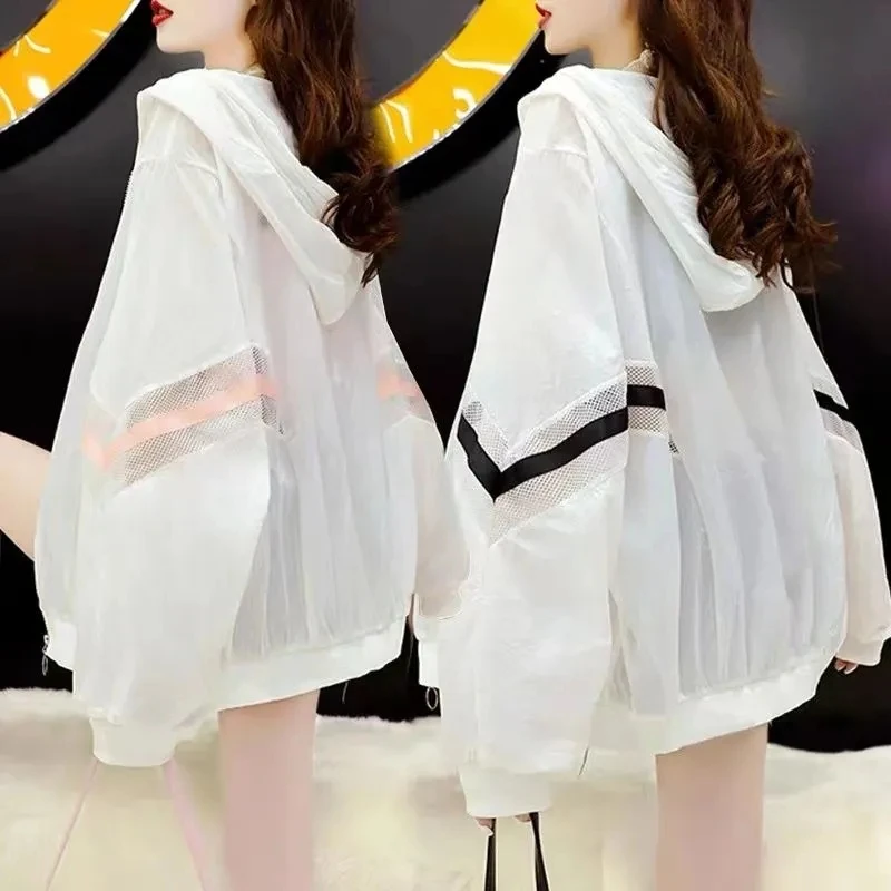 White UV protection Sunscreen Women's Thin Jacket Western Style 2022 new Summer Loose Oversize Breathable Cardigan Hooded Jacket