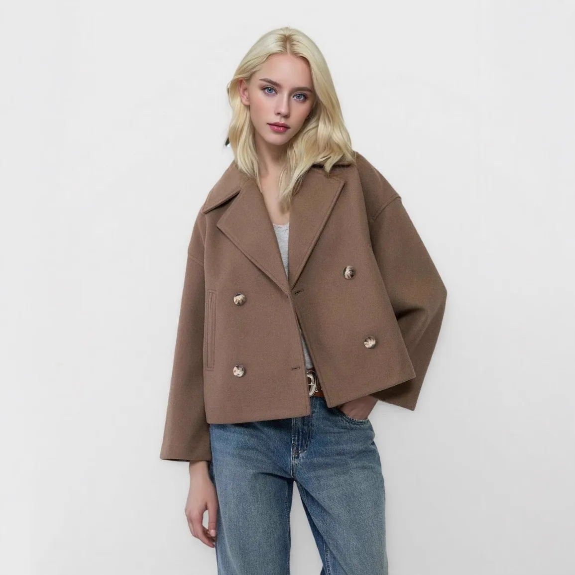 2025 Fashion Women Tweed Bomber Jacket Lapel Long Sleeve Double-breasted Loose Woolen Coat Female Streetwear Versatile Coat Tops