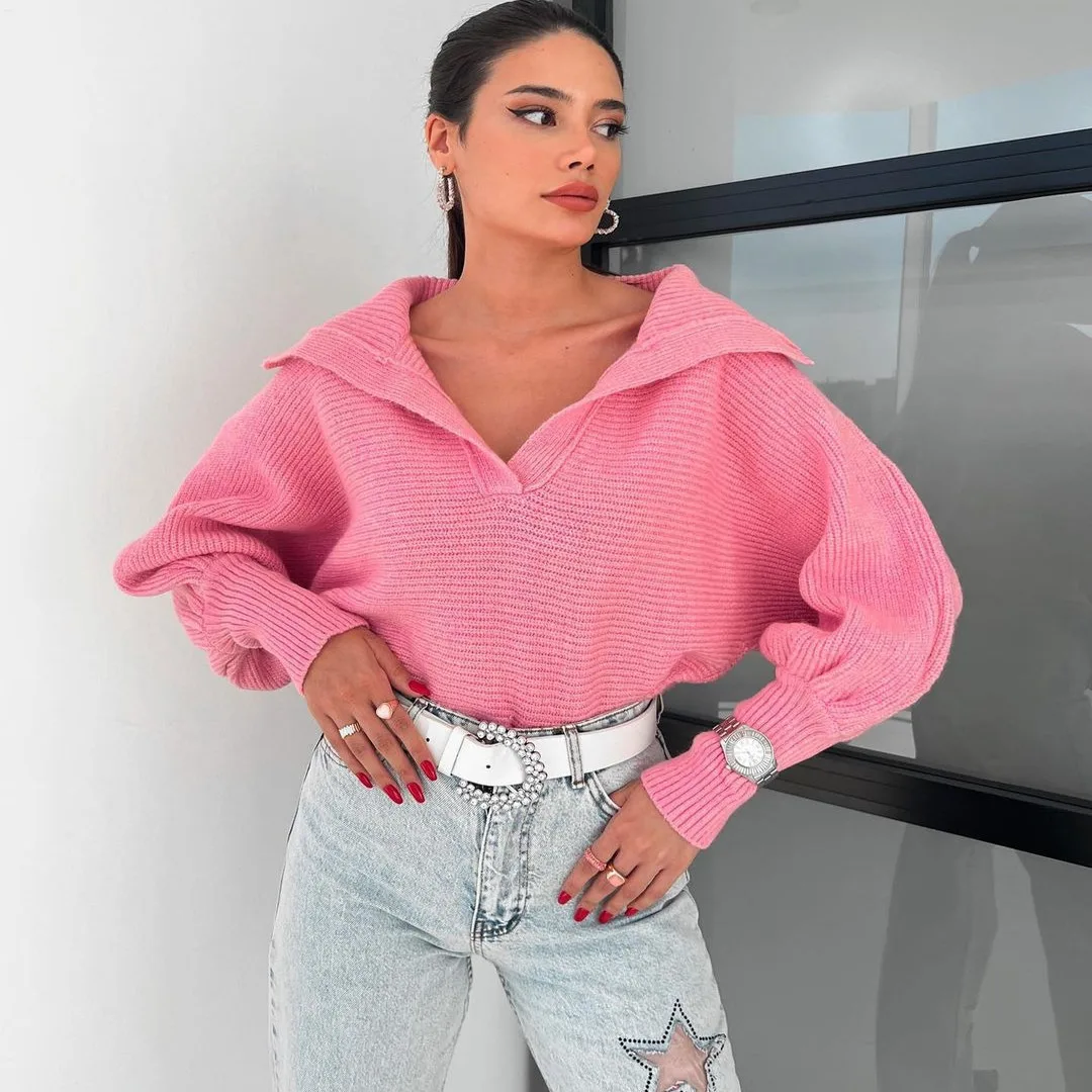 Faionable واسعة طوق محبوك سترة المرأة البلوز الأعلى الدافئة الحرارية طويلة Sve V-Ne الوقوف طول الخريف الشتاء #4