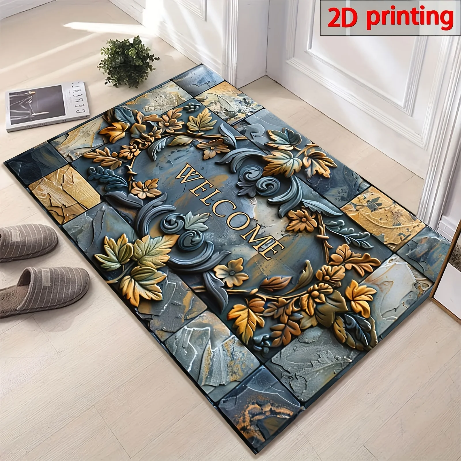 Floral Stone Welcome Rug Velvet Flannel Printed Floor Mat Vintage Tile Design Decorative Carpet Entryway Home Decor