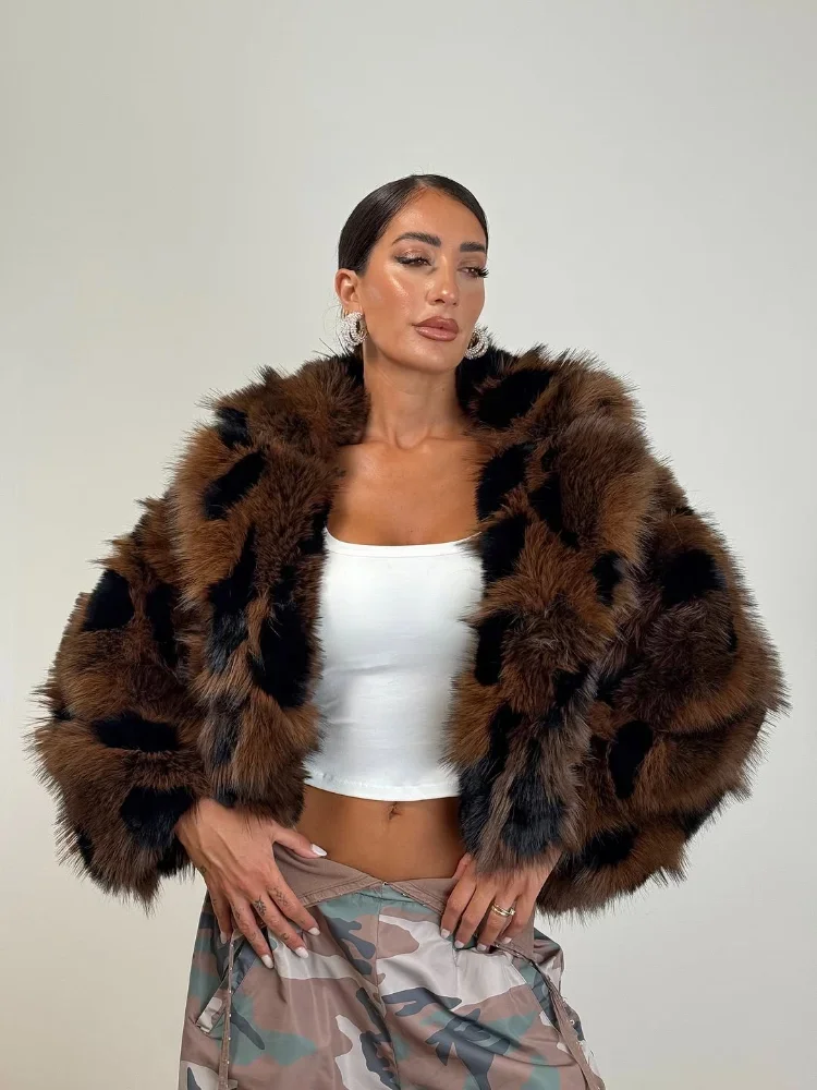Cappotto corto in pelliccia sintetica patchwork di lusso da donna Chic 2025 Giacca invernale a maniche lunghe con risvolto allentato Moda Capispalla caldo da strada