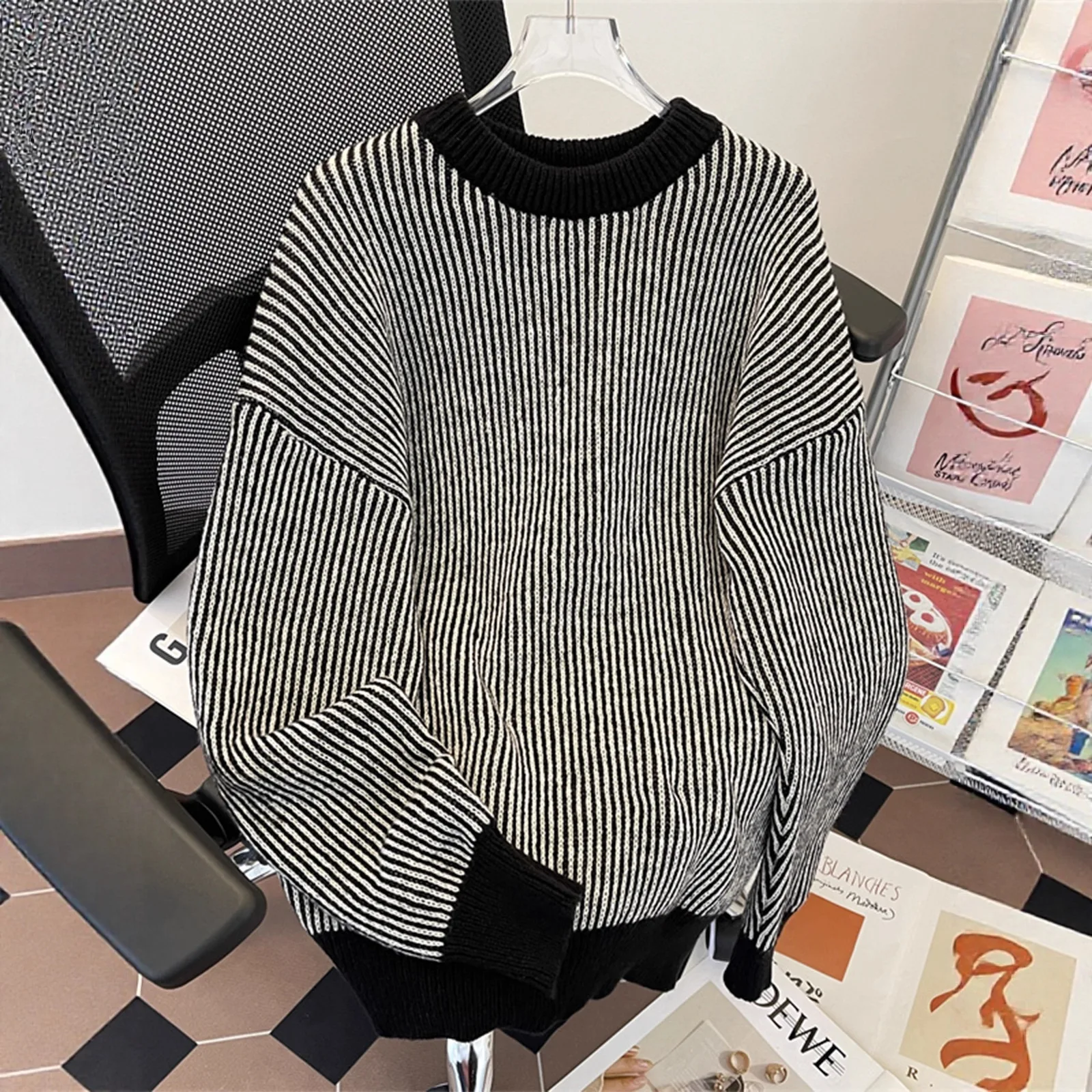 Men's round Ne Pullover Knitted Sweater Color Blo Deer Velvet Long Sve Slim Fit Base Layer Trendy Autumn Winter New Ar...