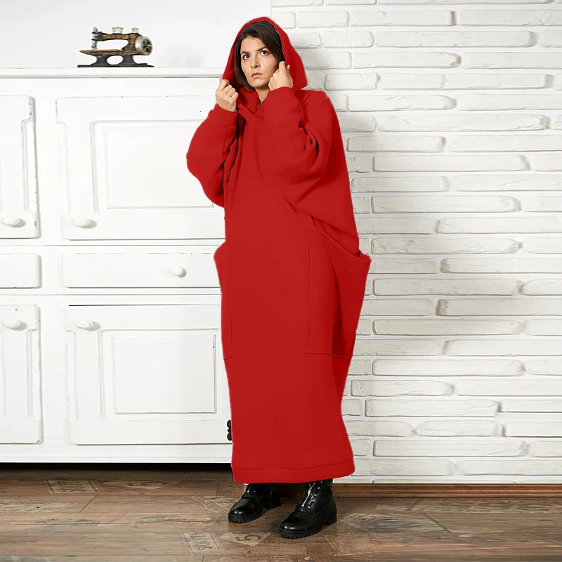 Large Pocket Plus Size Hoodies Long Dress 2023 Autumn Winter Solid Color Fleece Loose Casual Hooded Sweatshirt
