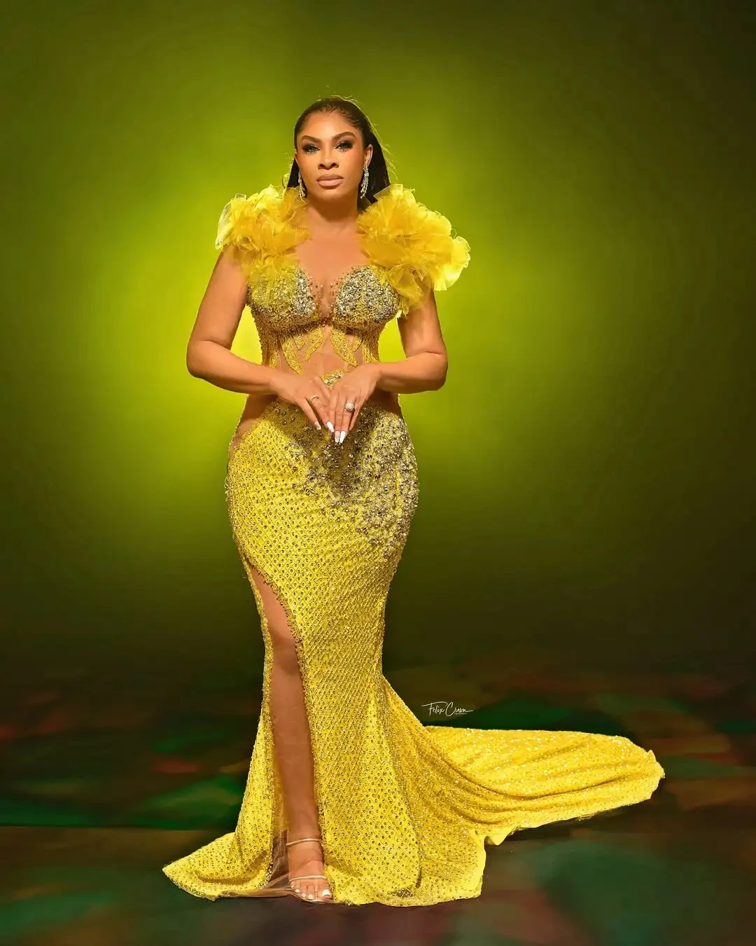 Gorgeous Prom Dresses Mermaid vestidos de gala Yellow Evening Gowns with Split Layered Shoulder Beaded Prom Dress Transparent image 4