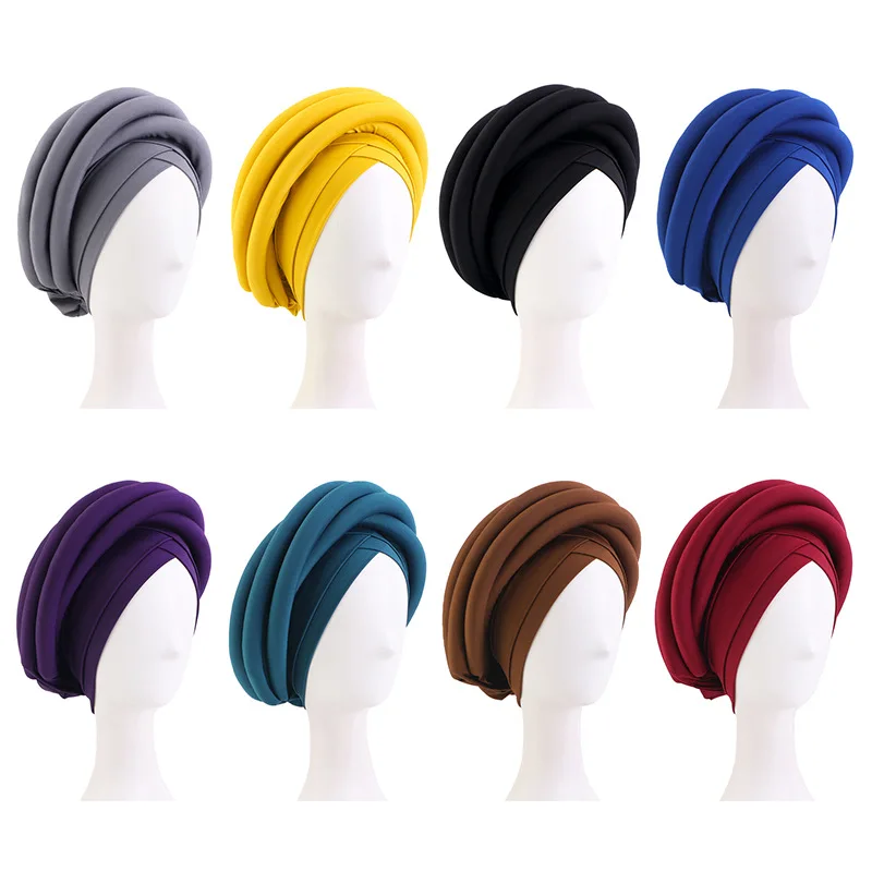 Nigeria Autogele Headtie Muslim Hat Party Headwear Turbante Twist Sponge Braid Turban Cap Women African Head Wraps Hijab Bonnet