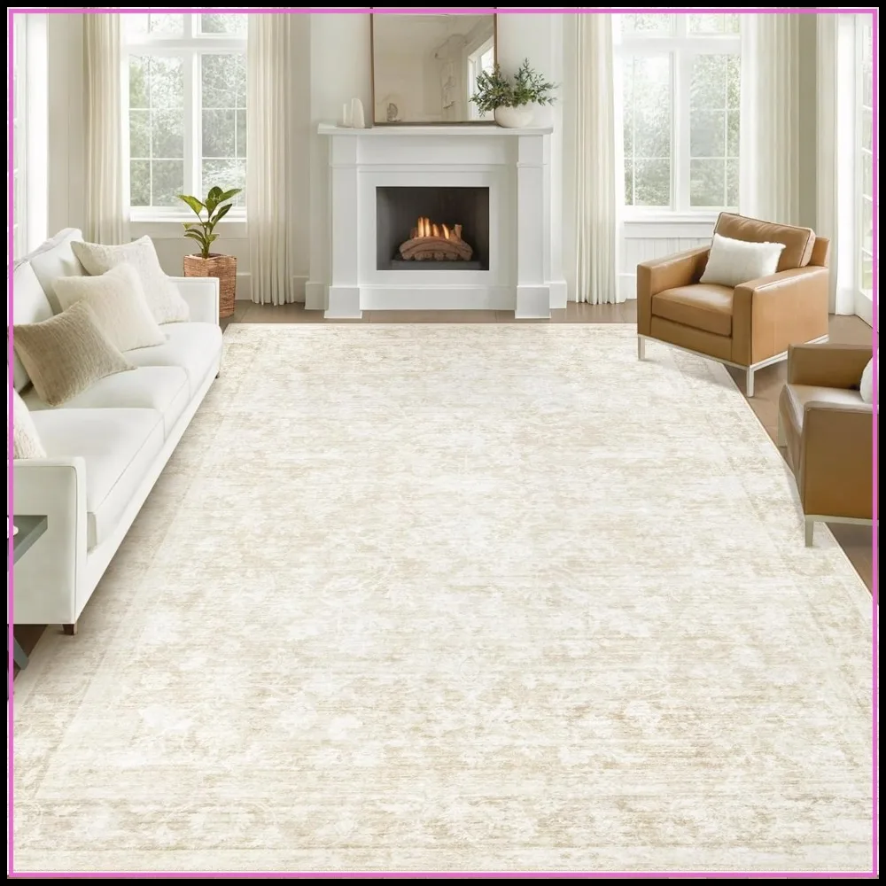 

Washable Large Vintage Floral Rug, 8x10 Area Rug for Living Room, Low Pile Non-Slip Boho Carpet for Bedroom Dining Home Office