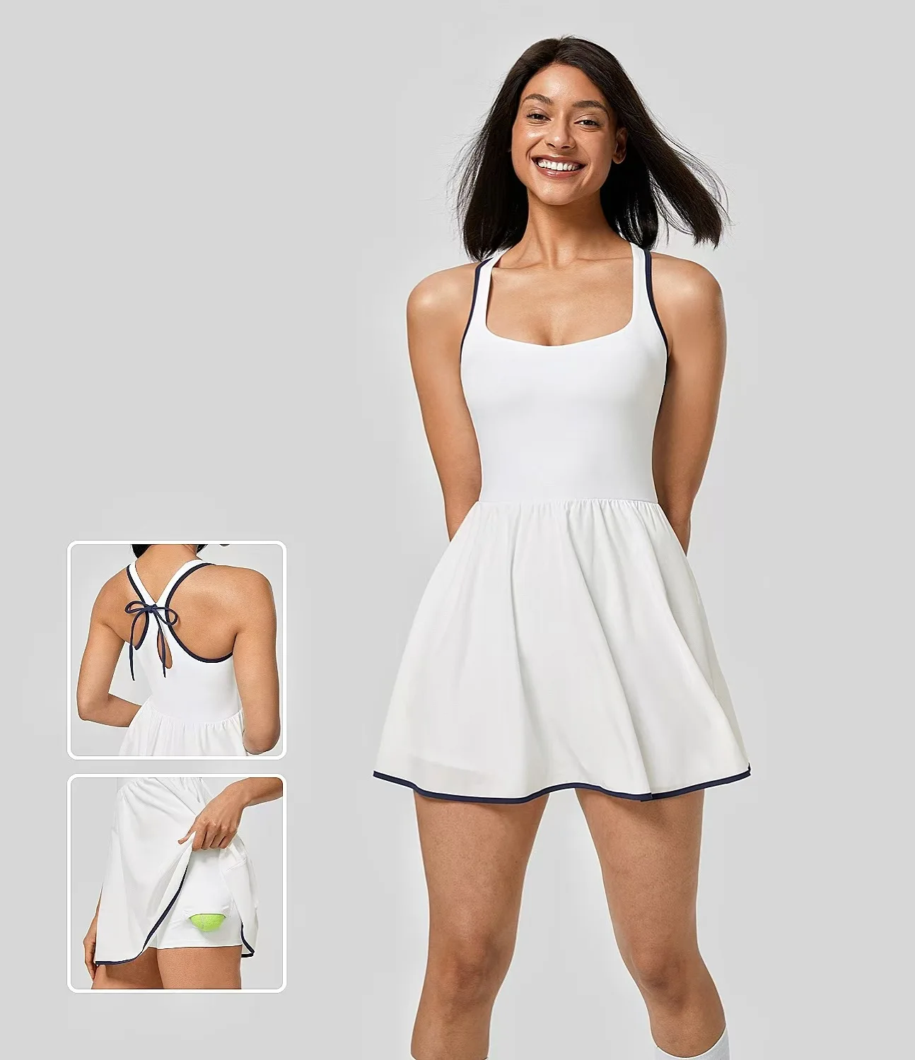 Women Sleeveless Tennis Dress With Bow Detail Built‑in Bra And Liner Shorts Athletic Dress For Yoga Fitness Training