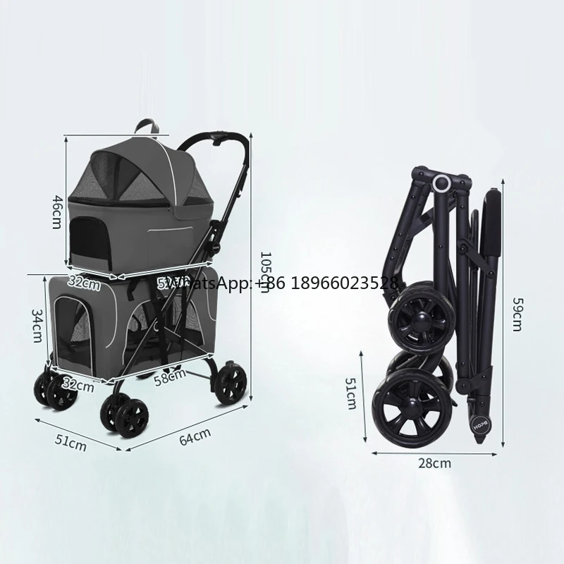 Foldable two dog stroller detachable pet stroller 4 wheels dog trolley carrier travel cart for 2 dogs and cats