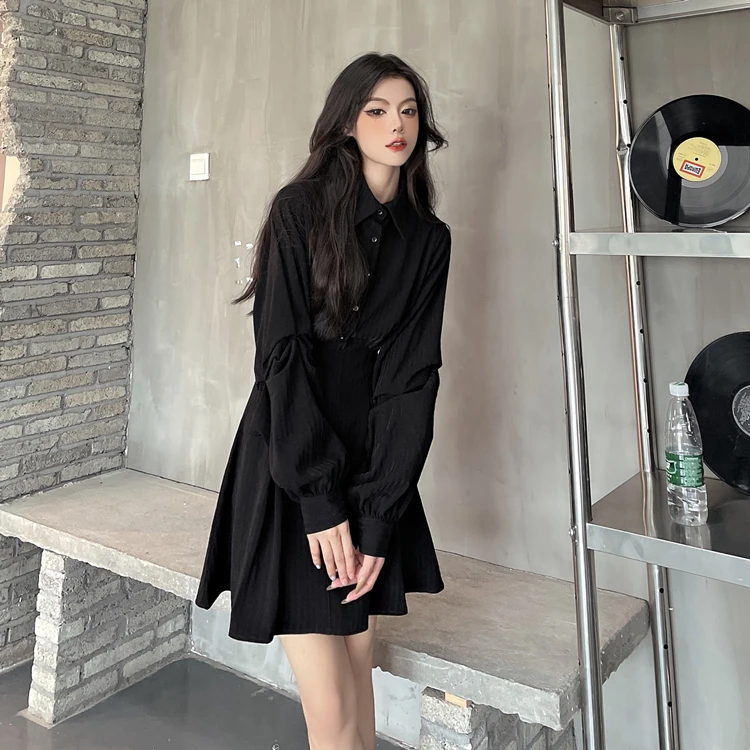 2022 New Plus Size 4XL Women Spring Gothic Y2K Black Shirt Dress Solid Long Sleeve Lapel Button Up Mini Dresses Girl Clothing