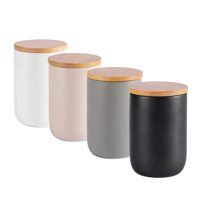 Nordic Porcelain Simplicity Sealed Tank Ceramic Storage Box Spice Jar Coffee Bottle Wood Lid Grain Container Kitchen Accessories