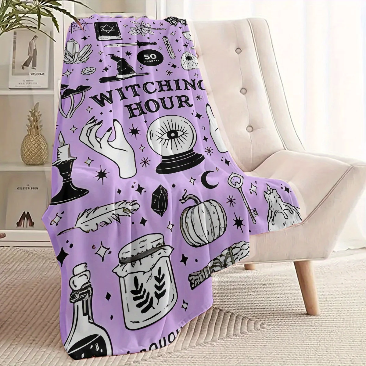 

Witching Hour 50th Anniversary Celebration Flannel Blanket , Lightweight, Warm, Black & White Witch-Themed Design with Cauldron