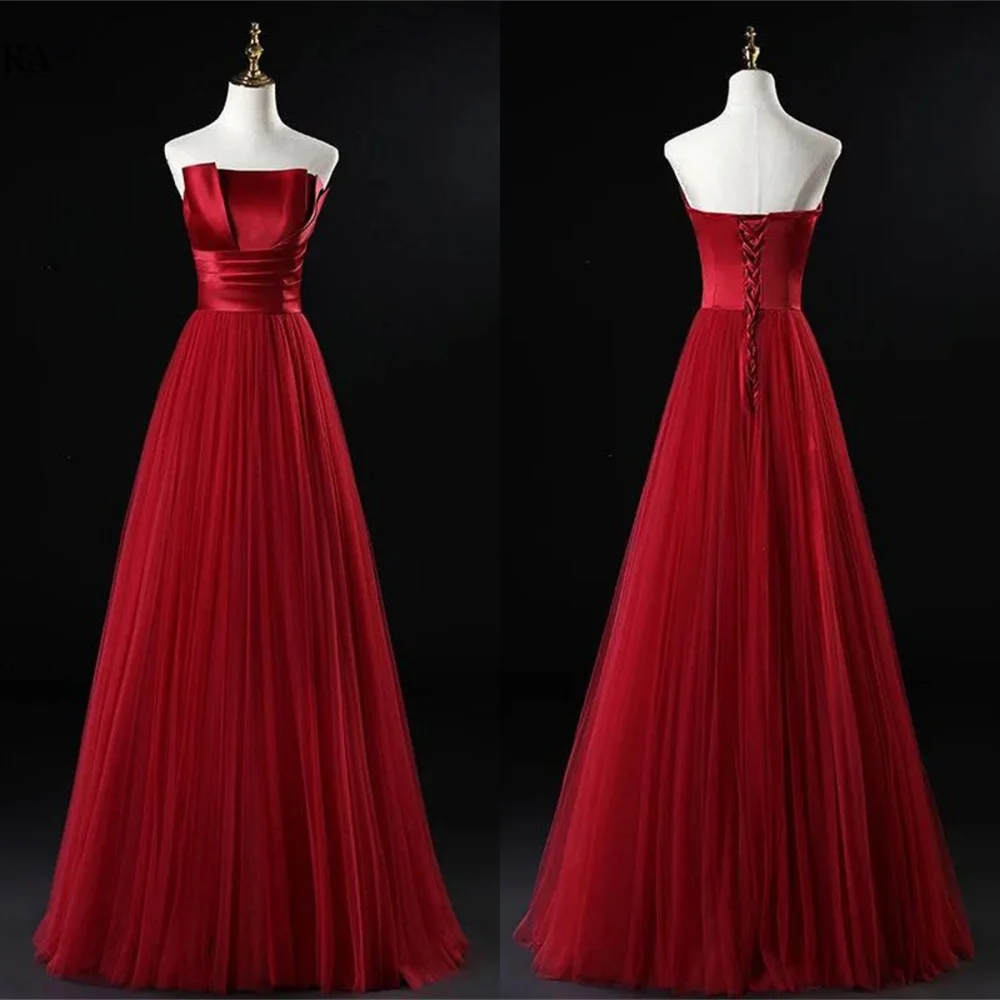 

Customized Classic Burgundy Tulle Evening Dress Graceful Strapless Sleeveless Lace Up Back Sweep Train Special Occasion Gowns