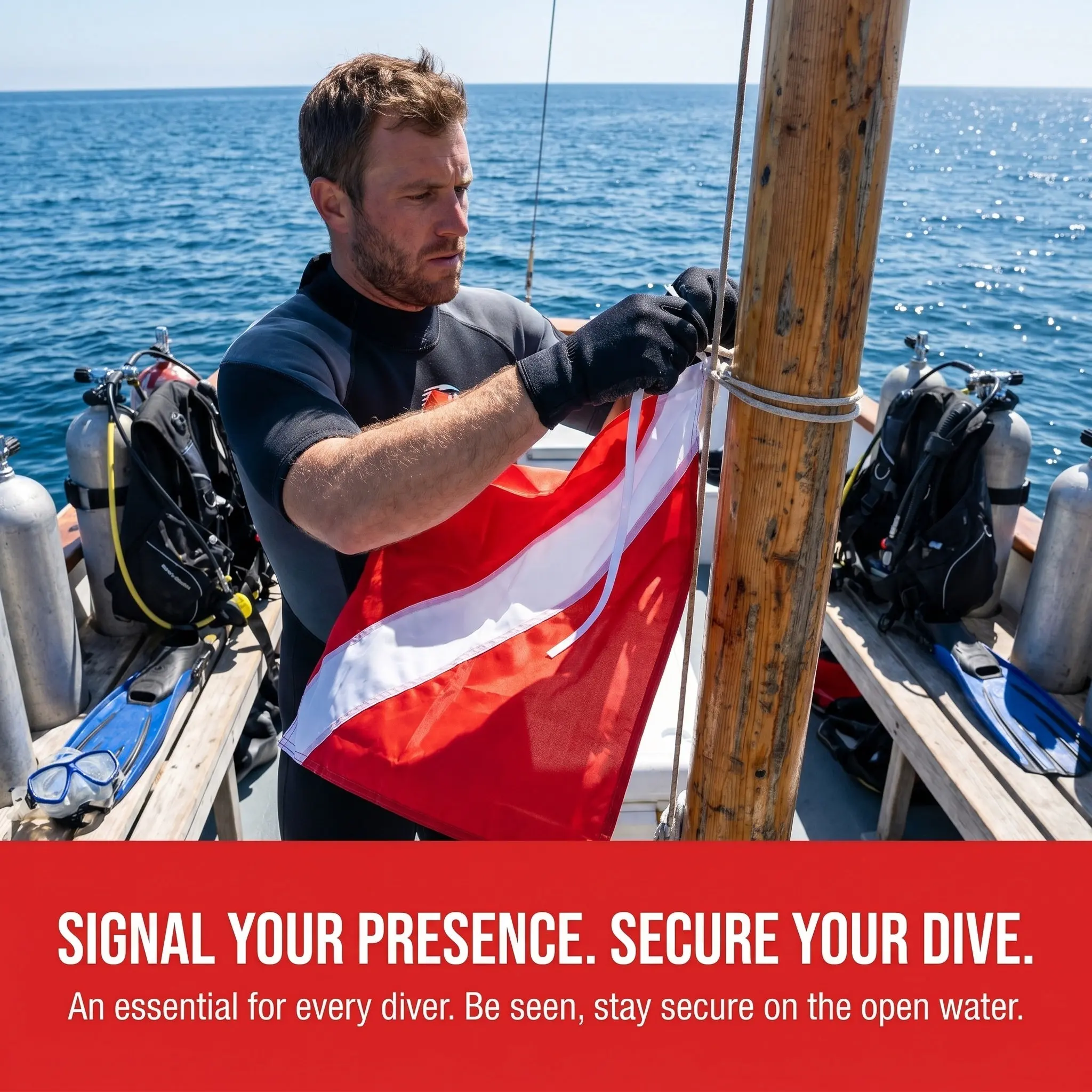 2pcs Snorkeling Dive Signal Flag with Removable Stiffening Pole – Red Warning Flag for Boat Diving