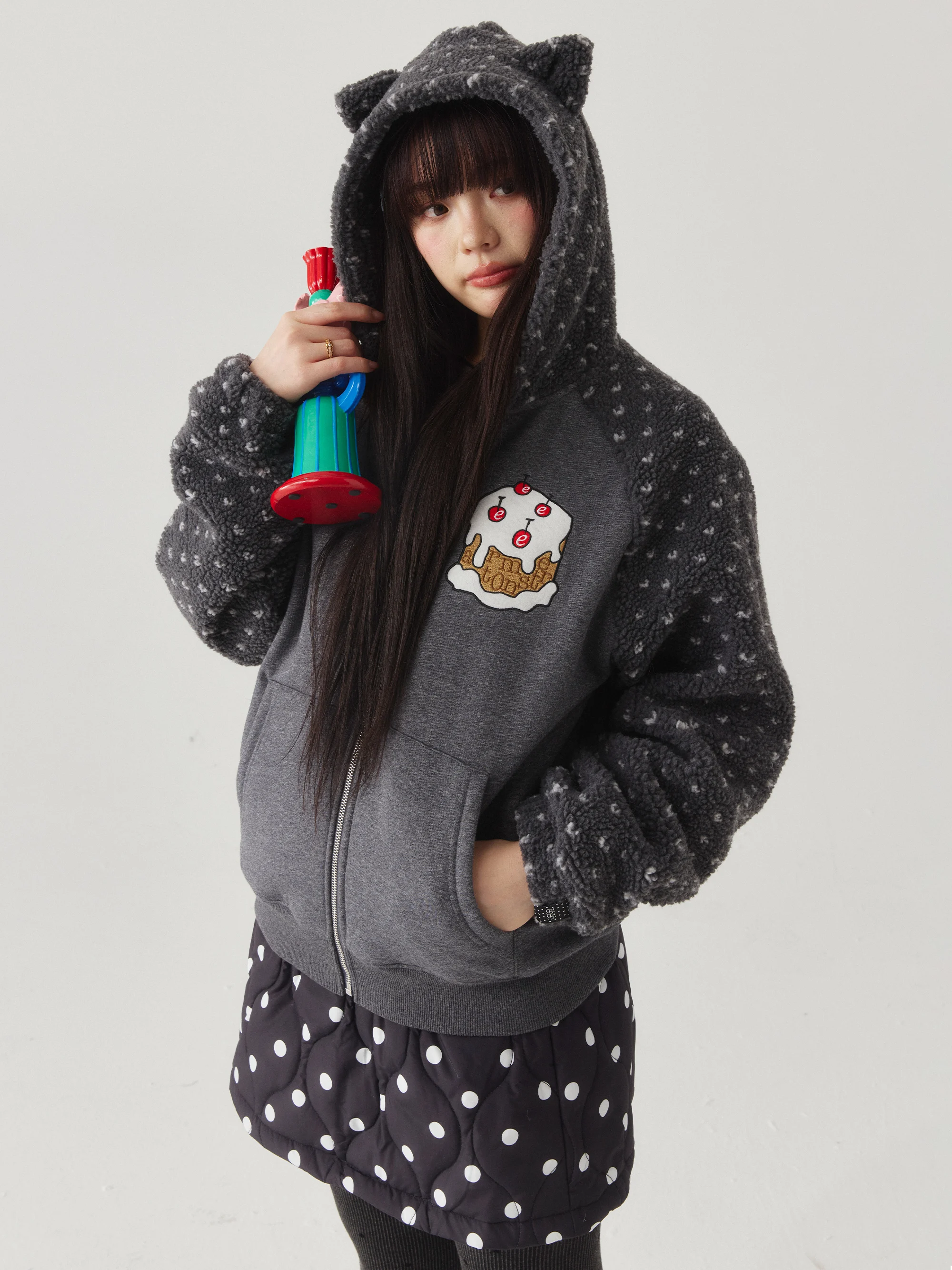 Cute  Ear Embroidered Hoodie Patchwork Shoulder Sleeve Plush Sweatshirt Standard Fit Daily Wear Chinese Brand EeeeArtmonster