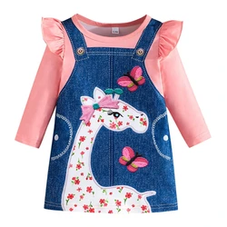 Toddler Girl Baby Fake Strap Dress Giraffe Printed Dresses Children's Long Sleeve Princess Dress Infant Baby Girls Cute Clothes