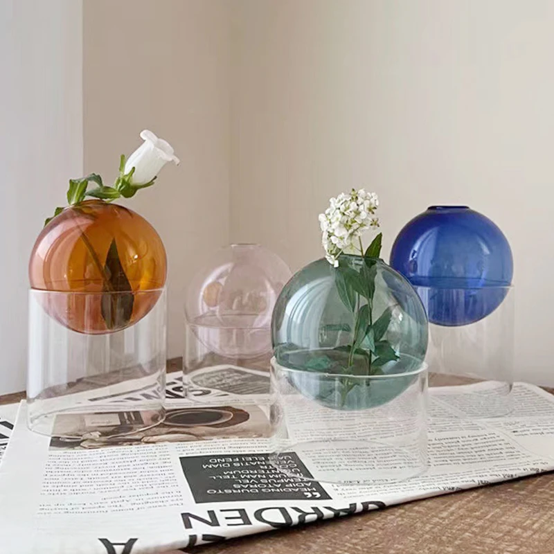 Nordic Style Mini Spheroidal Glass Vase Colorful Round Flower Bottle Hydroponic Plant Pot Container Home Office Tabletop Decor