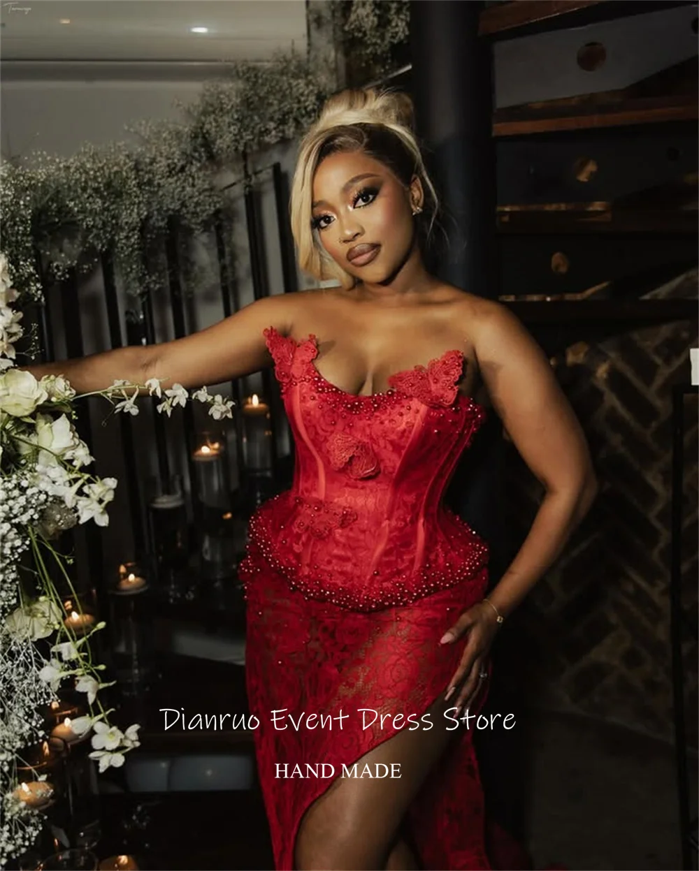 Dianruo-vestido De Noche asimétrico rojo, Sexy, con abertura lateral, encaje, ilusión, apliques, batas con cuentas, personalizado