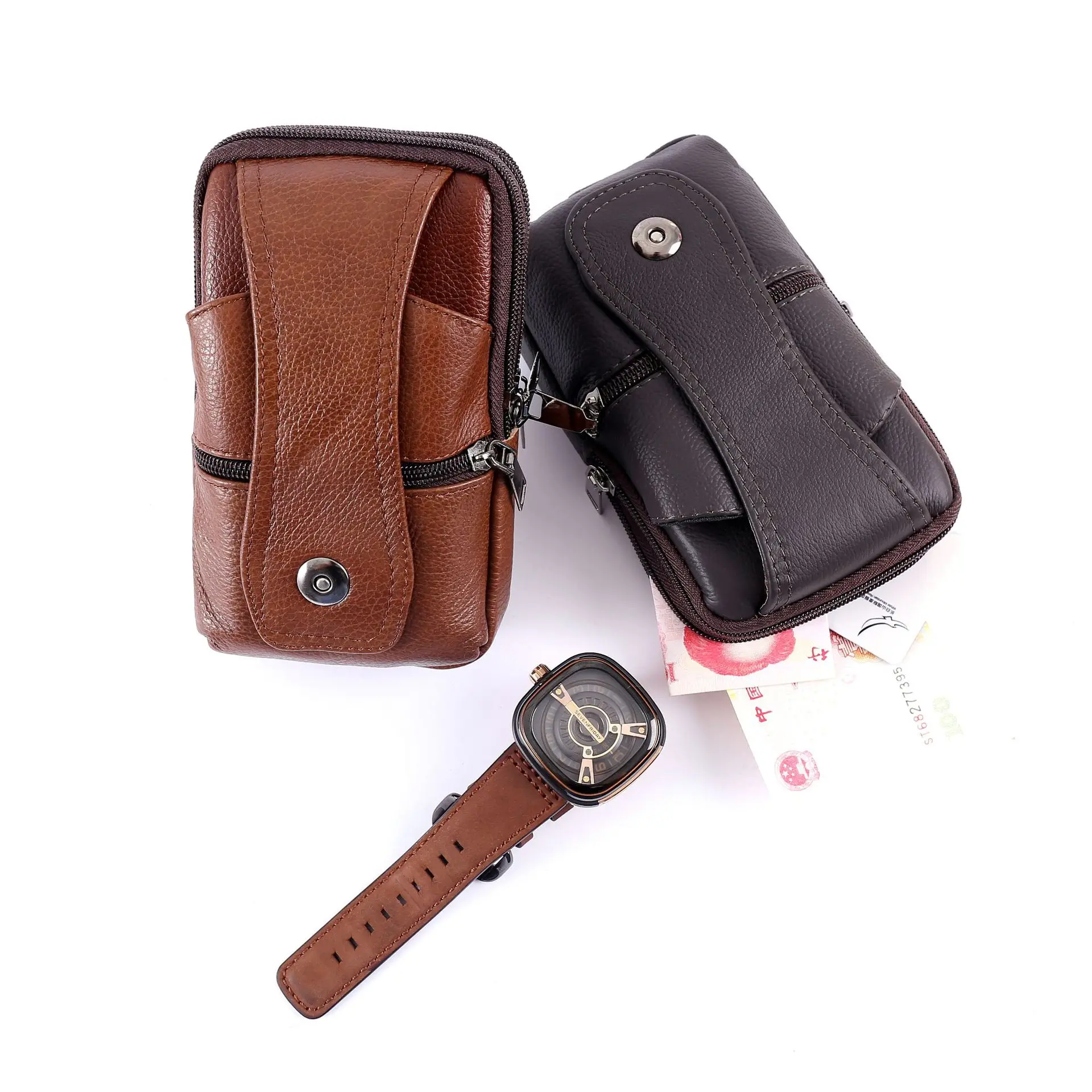 Men Leather Waist Bag Large Capacity Belt Bag Brown Shoulder Bags Crossbody Bags Multi-layer Buckle Mobile Phone Bag Bum Pouch