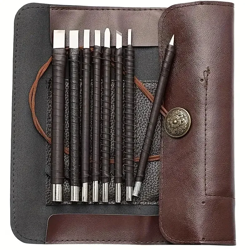 ‌8pcs Tungsten Steel Carving Chisels Set - Leather Handle & Bag for Stone/Wood/Metal Engraving